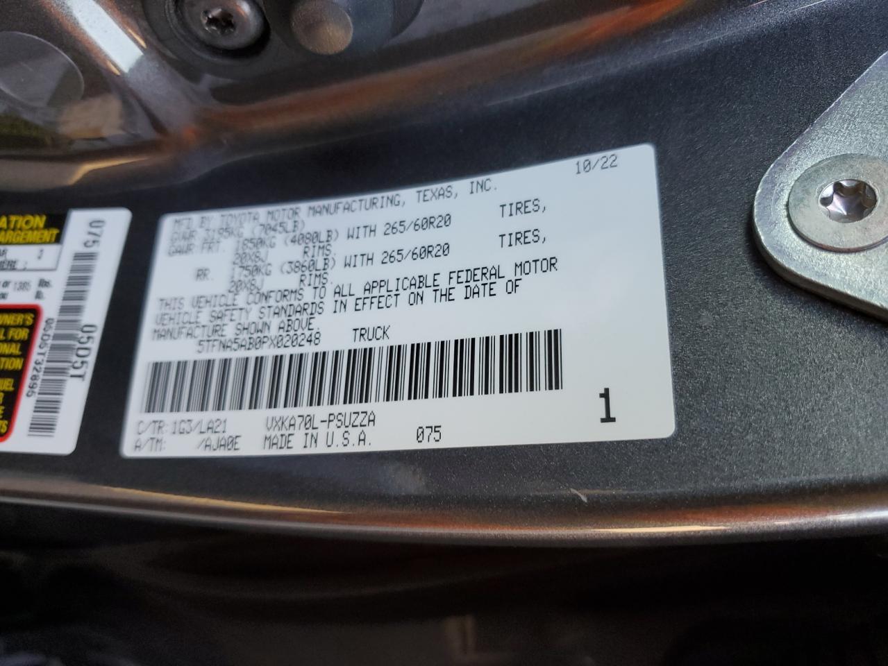 2023 Toyota Tundra VIN 5TFNA5AB0PX020248 Copart auction photo, all over damage thumbnail 12