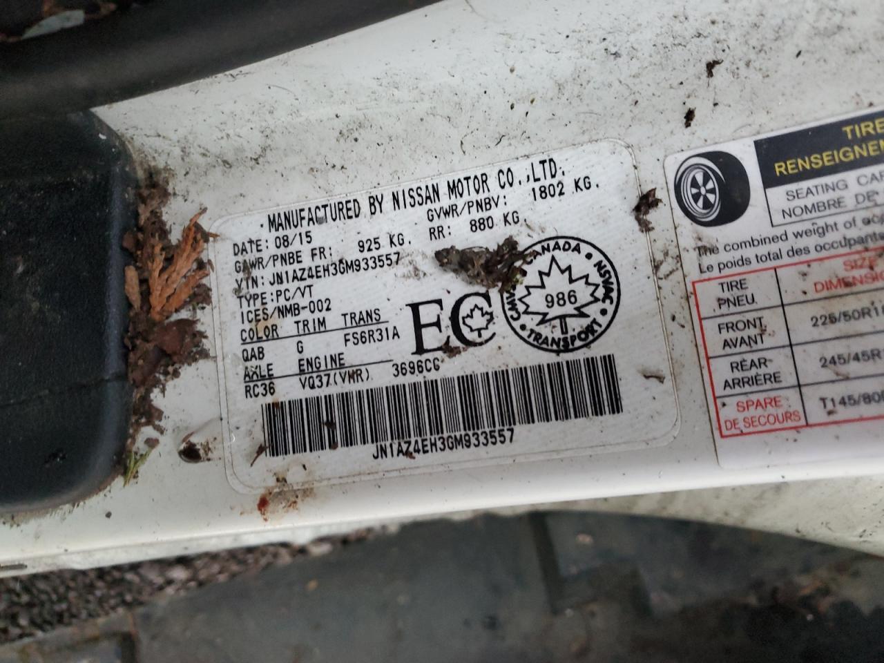 2016 Nissan 370Z VIN JN1AZ4EH3GM933557 Copart auction photo, all over damage thumbnail 13