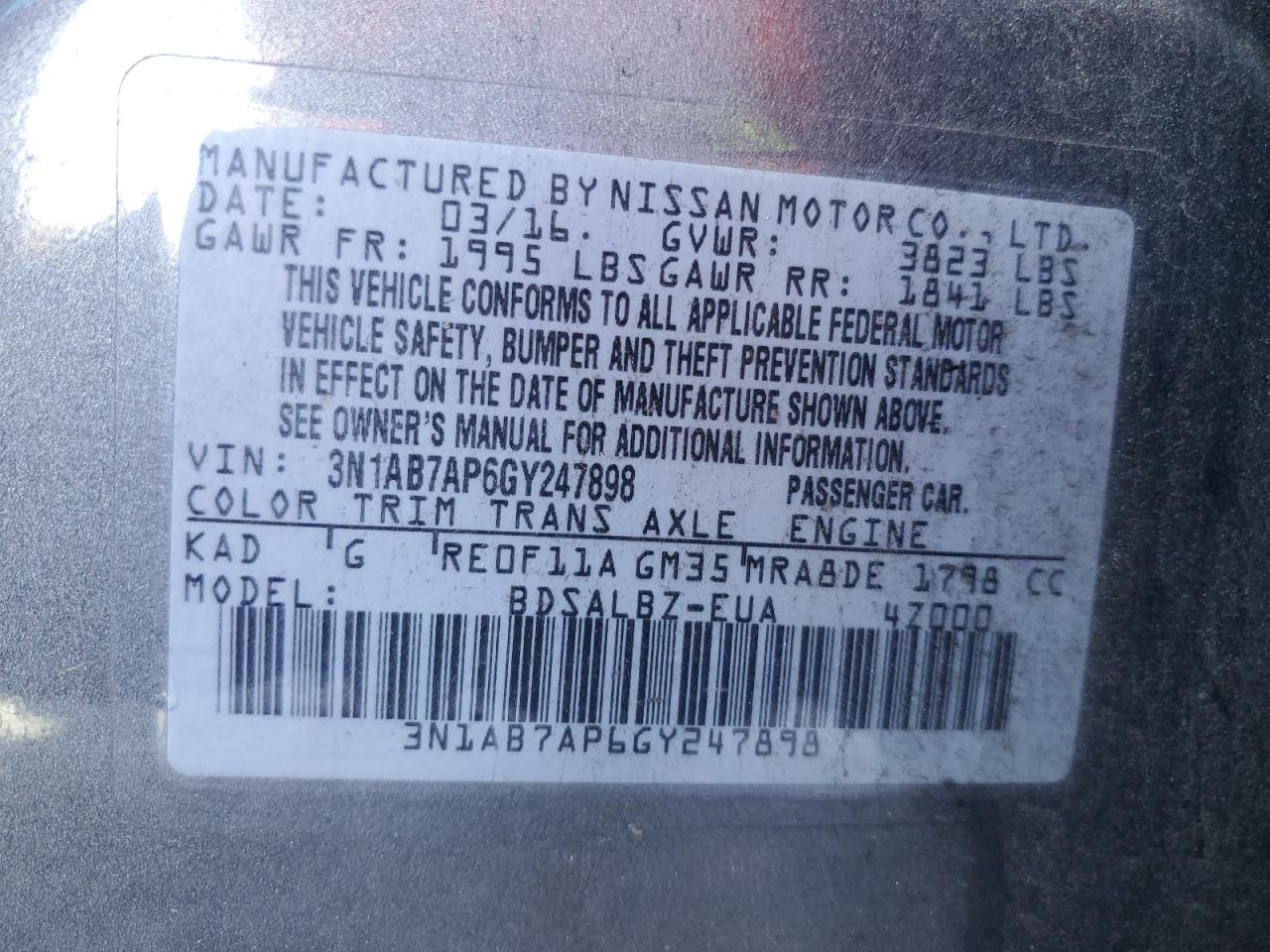 2016 Nissan Sentra VIN 3N1AB7AP6GY247898 Copart auction photo, front end / mechanical damage thumbnail 14
