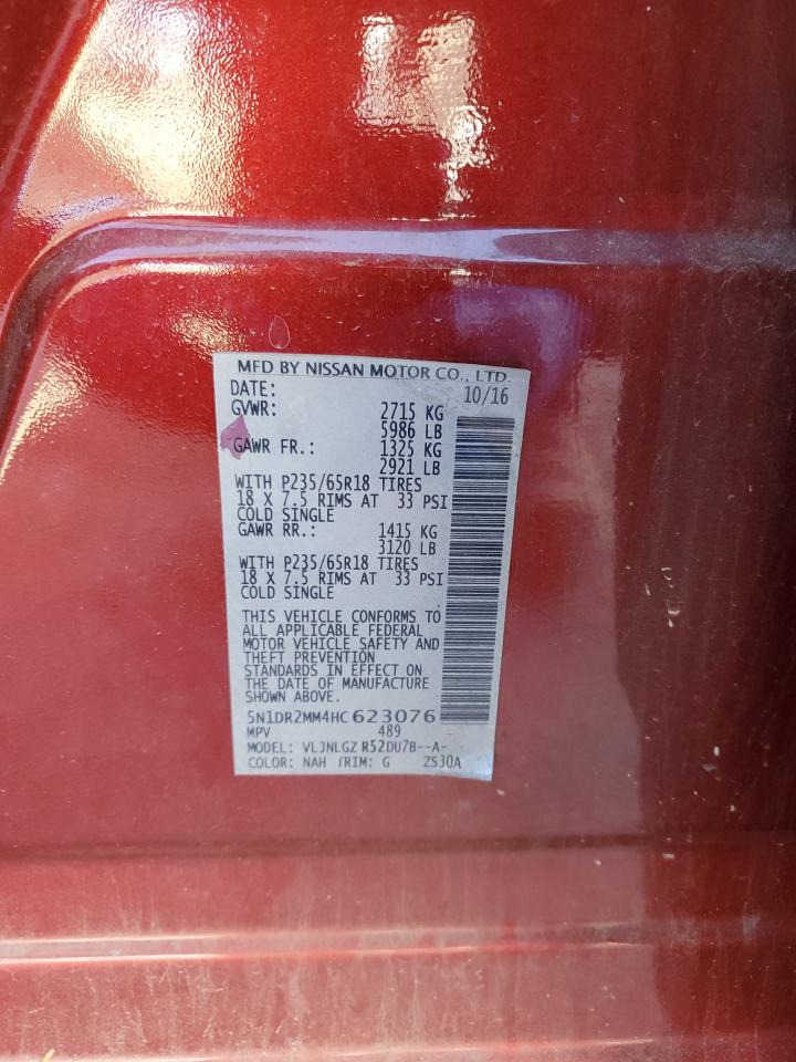 2017 Nissan Pathfinder VIN 5N1DR2MM4HC623076 Copart auction photo, rear end damage thumbnail 13