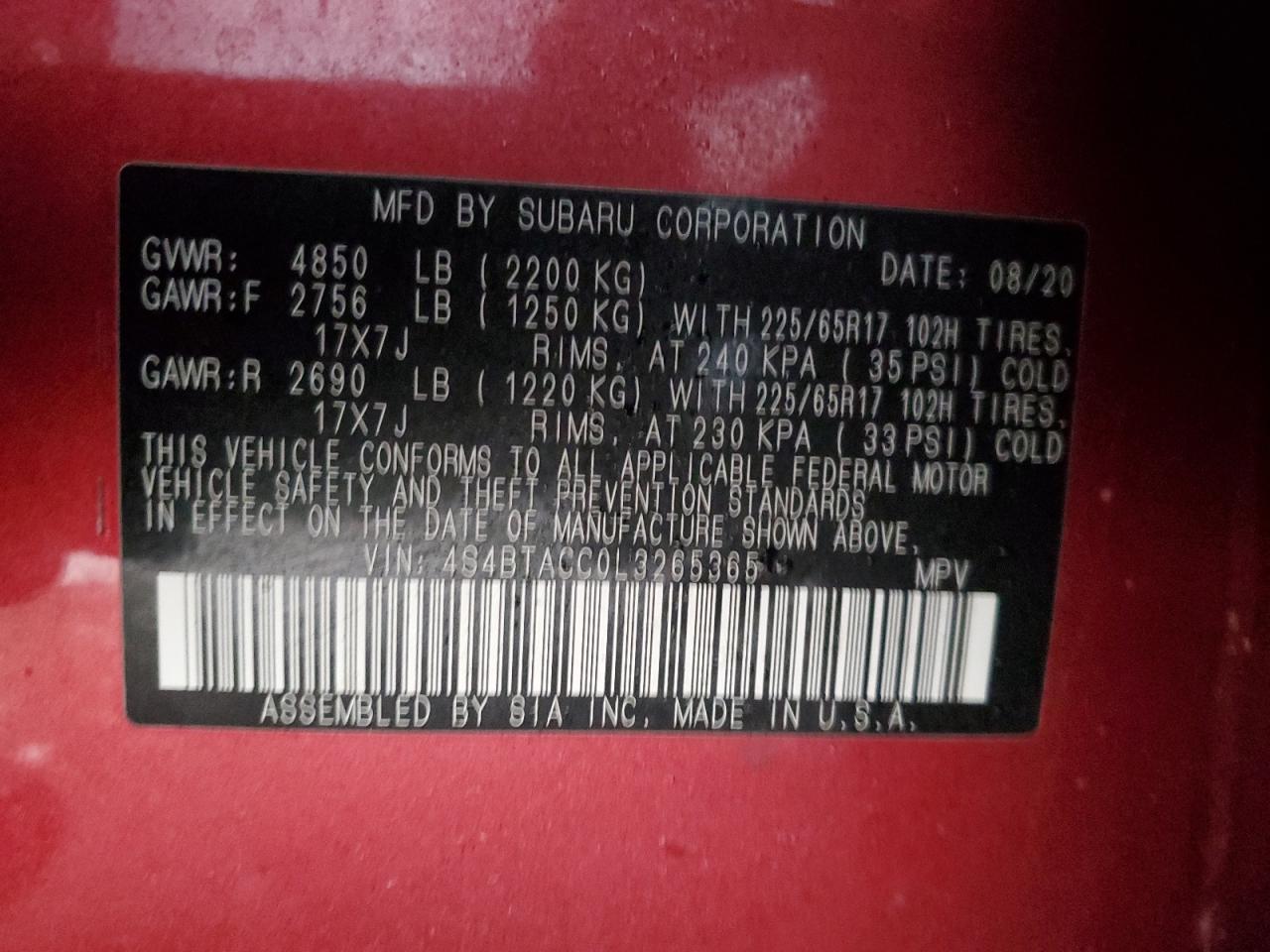2020 Subaru Outback VIN 4S4BTACC0L3265365 Copart auction photo, front end / mechanical damage thumbnail 15