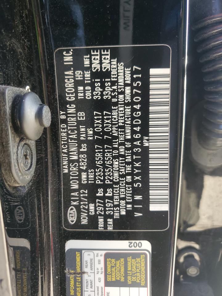 2013 KIA Sorento VIN 5XYKT3A64DG407517 Copart auction photo, front end / rear end damage thumbnail 13