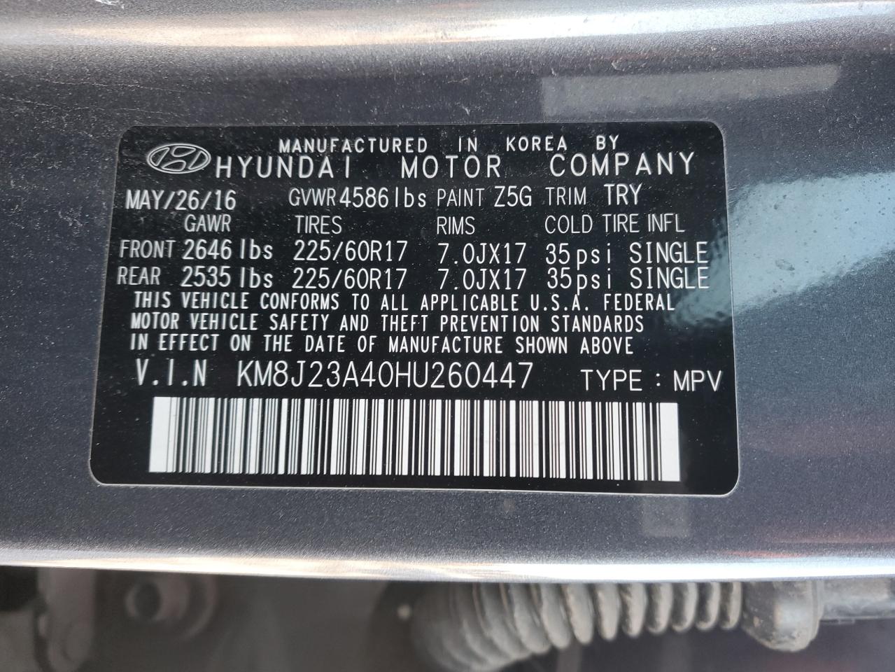 2017 Hyundai Tucson VIN KM8J23A40HU260447 Copart auction photo, vandalism / minor dent/scratches damage thumbnail 13