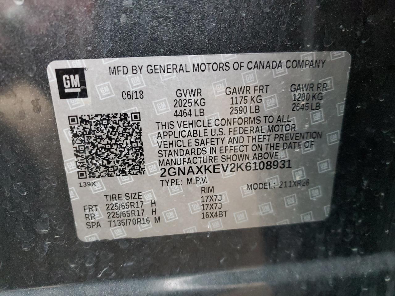 2019 Chevrolet Equinox VIN 2GNAXKEV2K6108931 Copart auction photo, side / rear end damage thumbnail 13