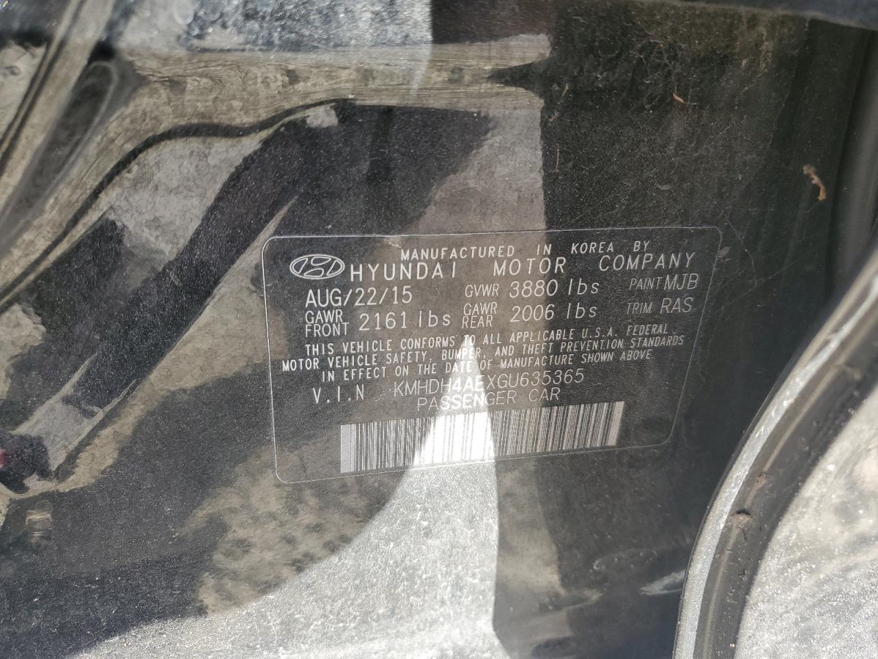2016 Hyundai Elantra VIN KMHDH4AEXGU635365 Copart auction photo, all over damage thumbnail 15