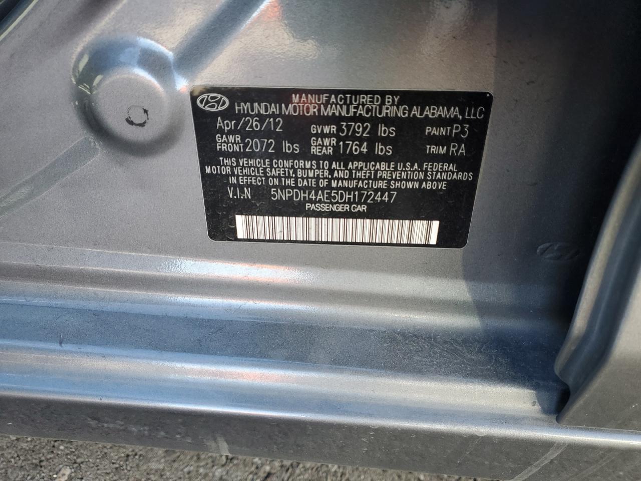 2013 Hyundai Elantra VIN 5NPDH4AE5DH172447 Copart auction photo, front end / mechanical damage thumbnail 12