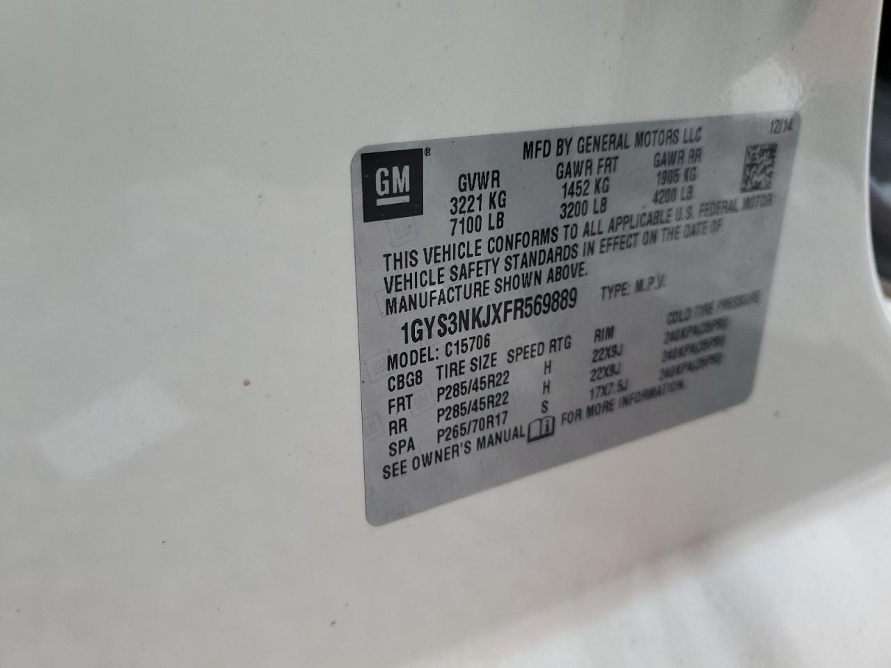 2015 Cadillac Escalade VIN 1GYS3NKJXFR569889 Copart auction photo, front end damage thumbnail 13