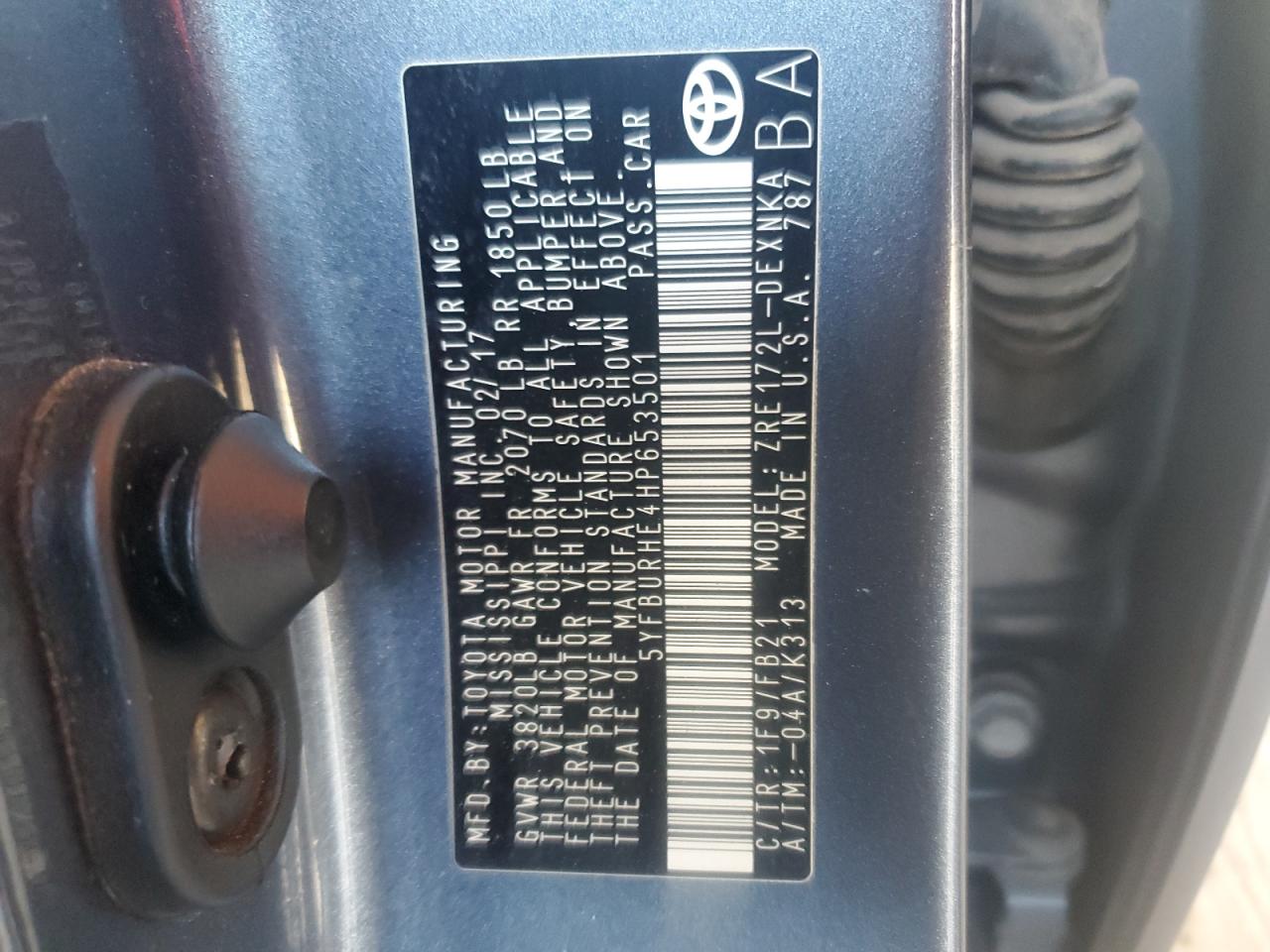 2017 Toyota Corolla VIN 5YFBURHE4HP653501 Copart auction photo, rear end damage thumbnail 12