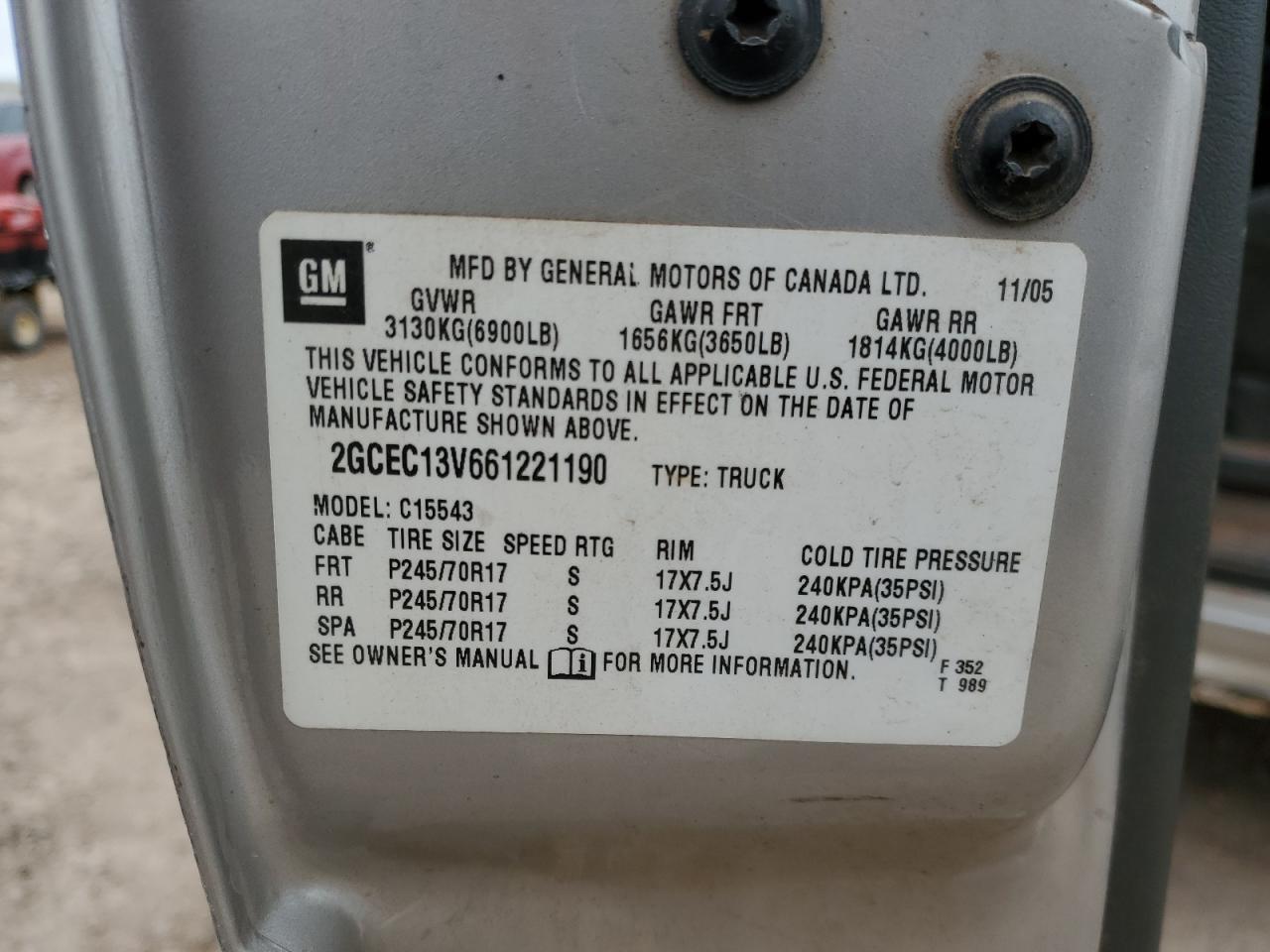 2006 Chevrolet Silverado VIN 2GCEC13V661221190 Copart auction photo, front end / side damage thumbnail 12
