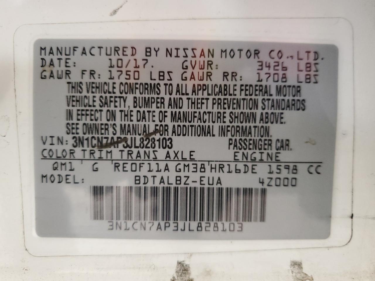 2018 Nissan Versa VIN 3N1CN7AP3JL828103 Copart auction photo, front end damage thumbnail 14