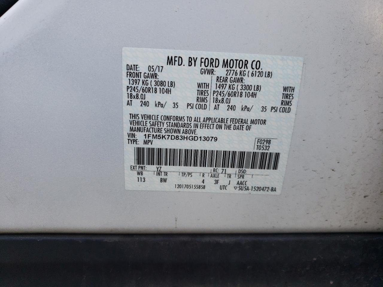 2017 Ford Explorer VIN 1FM5K7D83HGD13079 Copart auction photo, rear end damage thumbnail 14