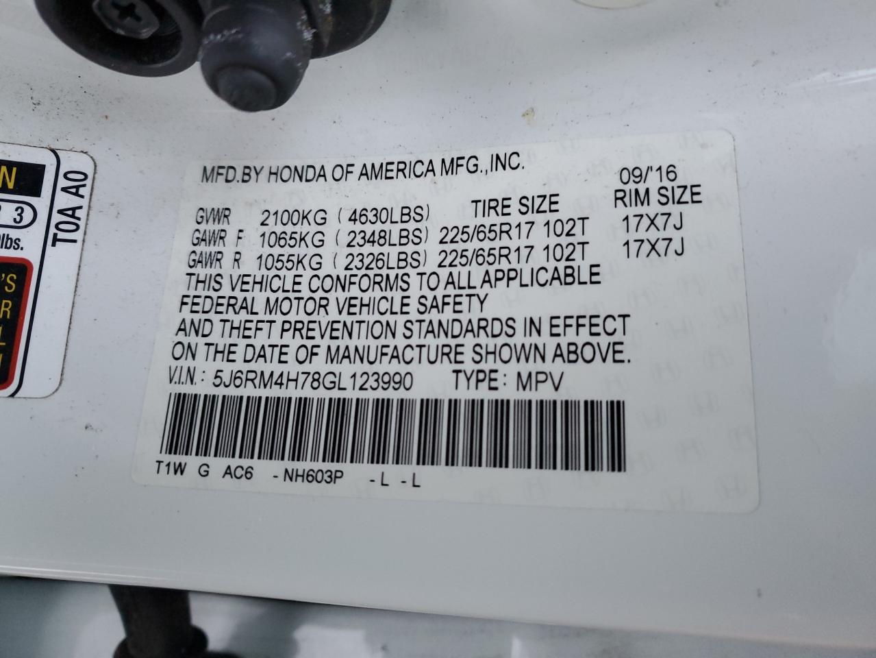 2016 Honda CR-V VIN 5J6RM4H78GL123990 Copart auction photo, front end damage thumbnail 16