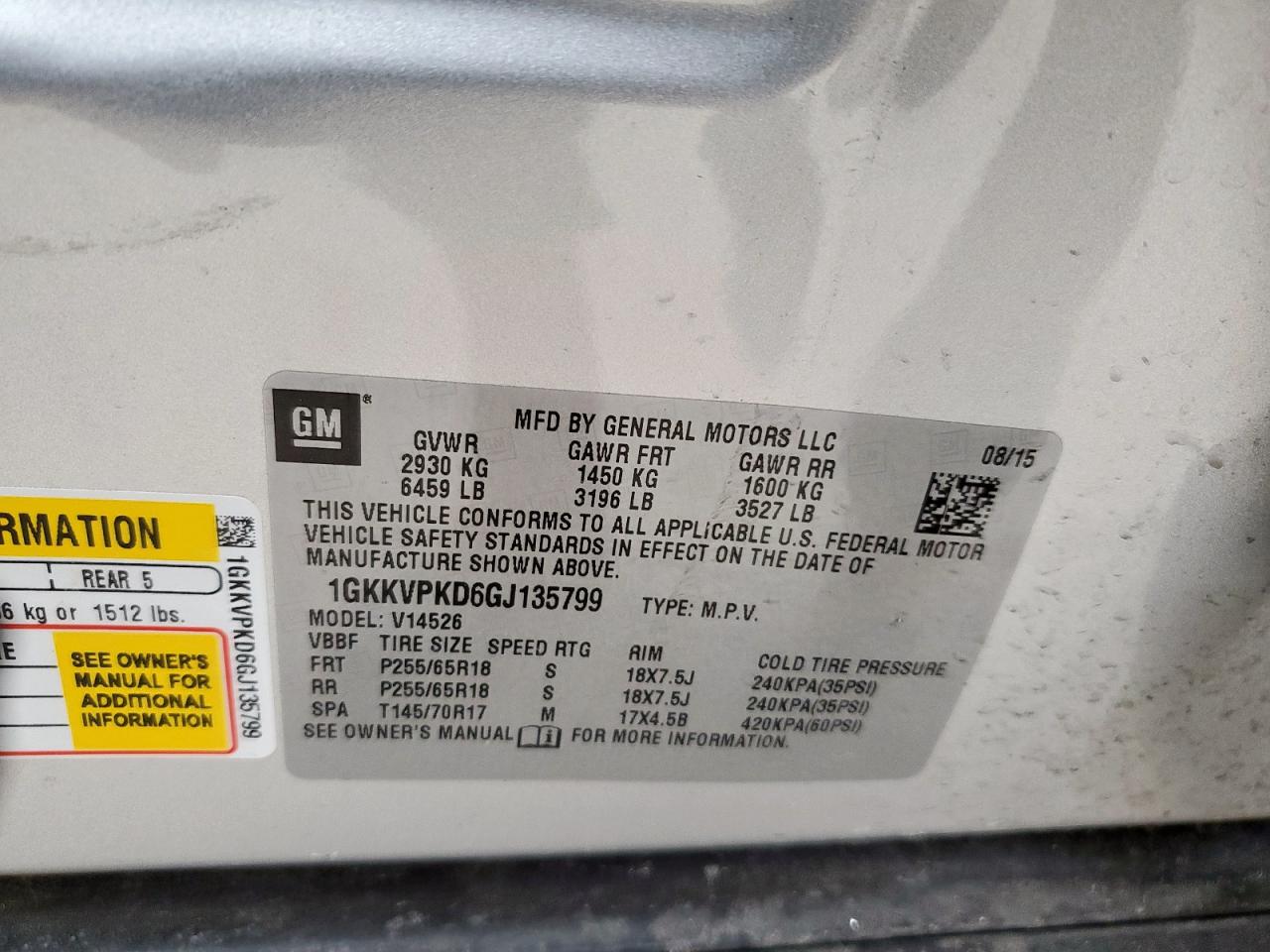 2016 GMC Acadia VIN 1GKKVPKD6GJ135799 Copart auction photo, front end / side damage thumbnail 15