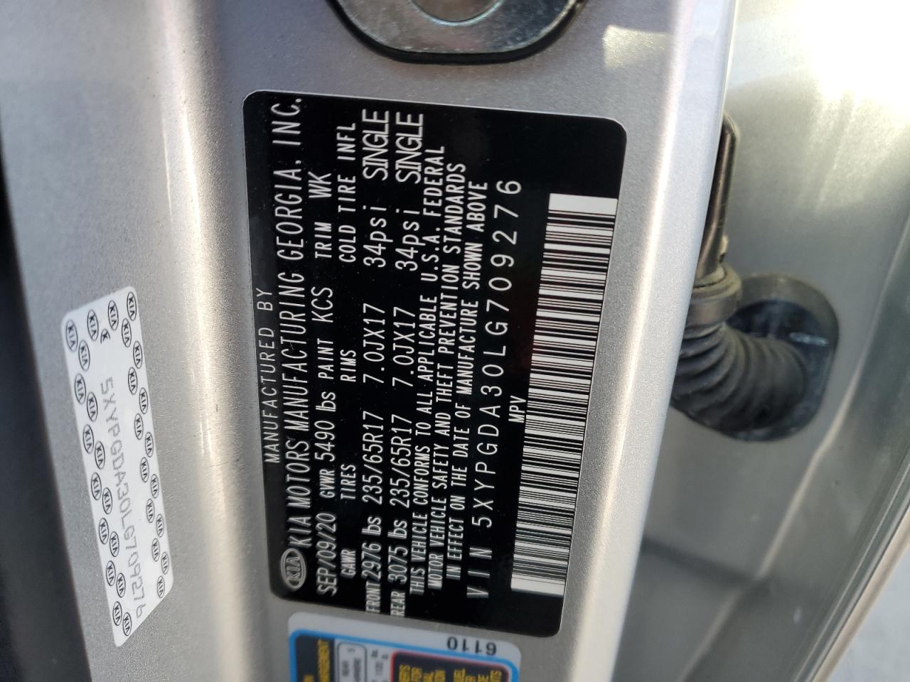 2020 KIA Sorento VIN 5XYPGDA30LG709276 Copart auction photo, front end damage thumbnail 13