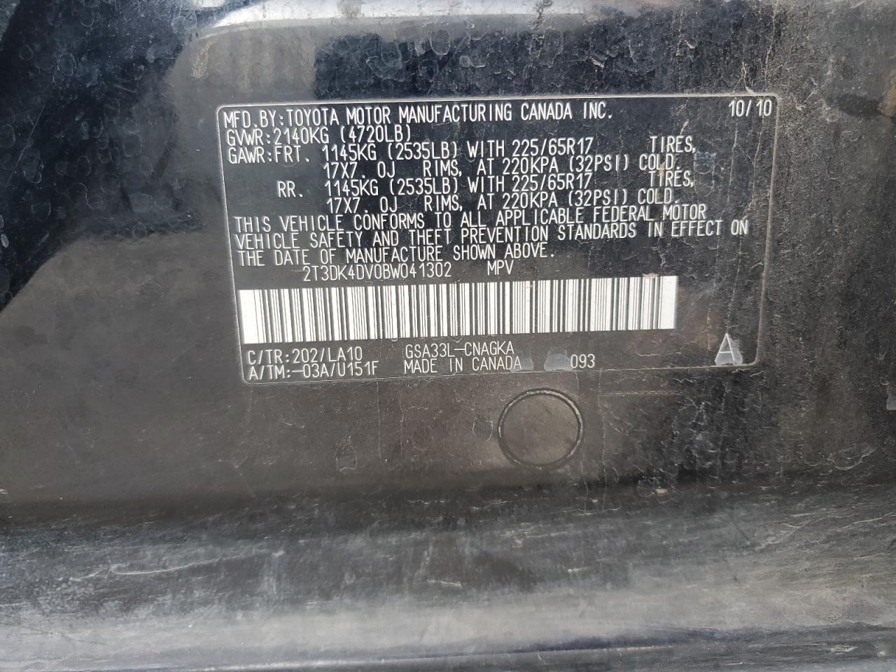 2011 Toyota RAV 4 VIN 2T3DK4DV0BW041302 Copart auction photo, front end damage thumbnail 12