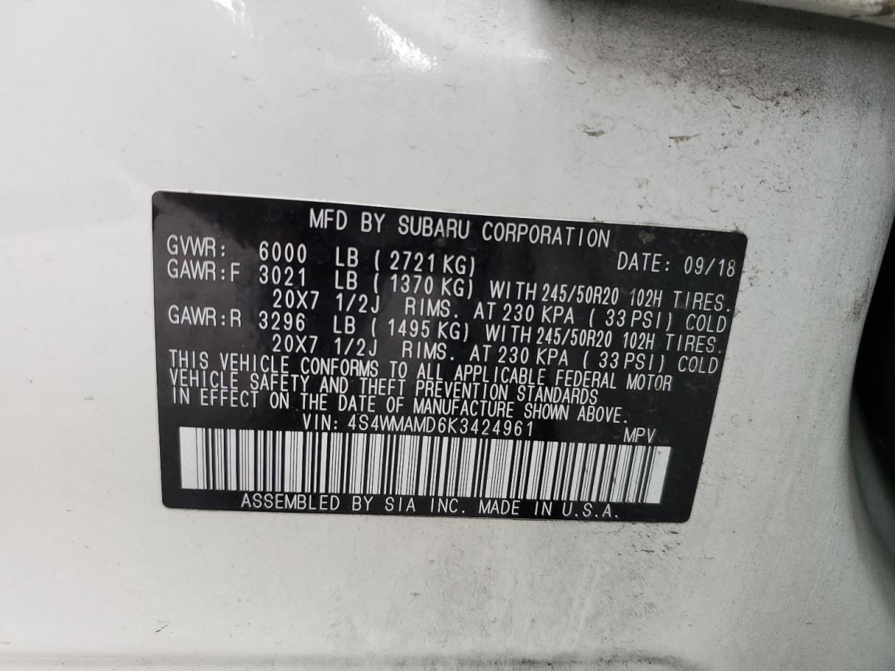 2019 Subaru Ascent VIN 4S4WMAMD6K3424961 Copart auction photo, rear end / minor dent/scratches damage thumbnail 16