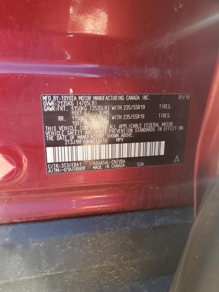 2019 Toyota RAV 4 VIN 2T3J1RFV0KW017419 Copart auction photo, rear end damage thumbnail 13