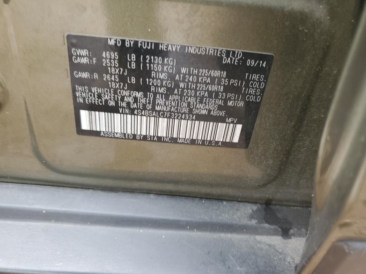 2015 Subaru Outback VIN 4S4BSALC7F3224934 Copart auction photo, front end damage thumbnail 13