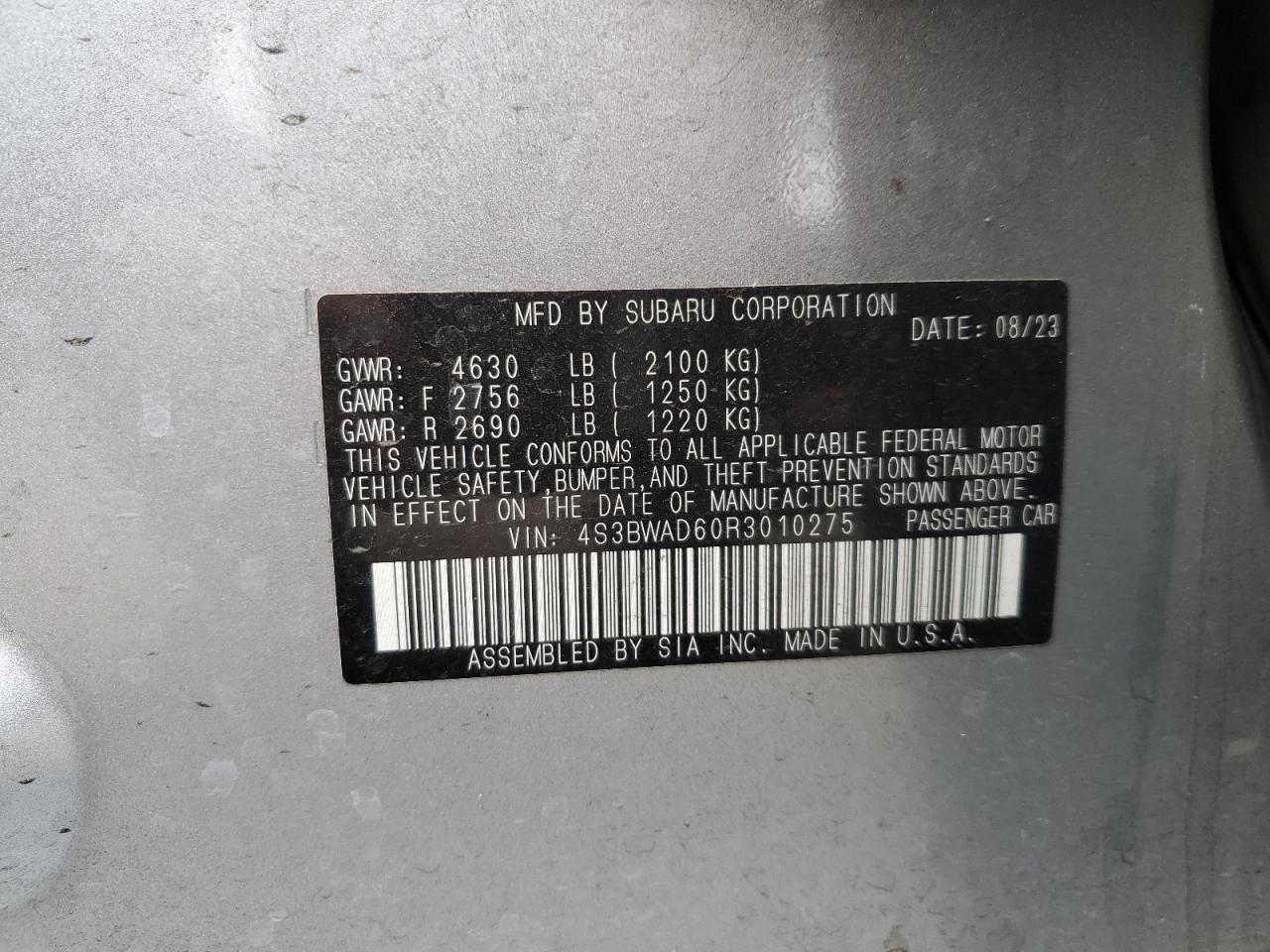 2024 Subaru Legacy VIN 4S3BWAD60R3010275 Copart auction photo, rollover damage thumbnail 13