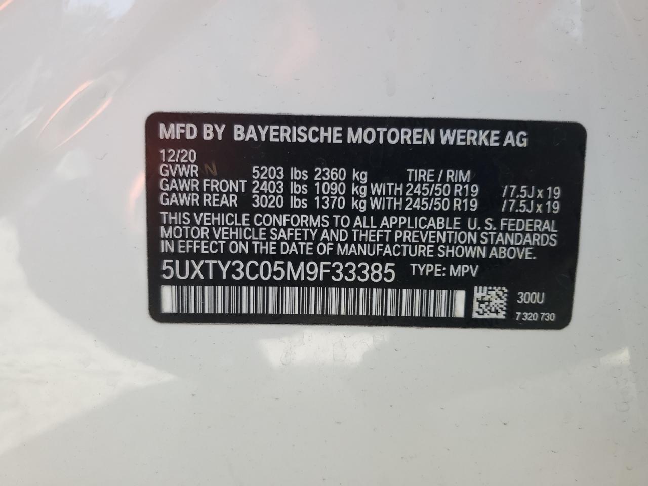 2021 BMW X3 VIN 5UXTY3C05M9F33385 Copart auction photo, minor dent/scratches damage thumbnail 13