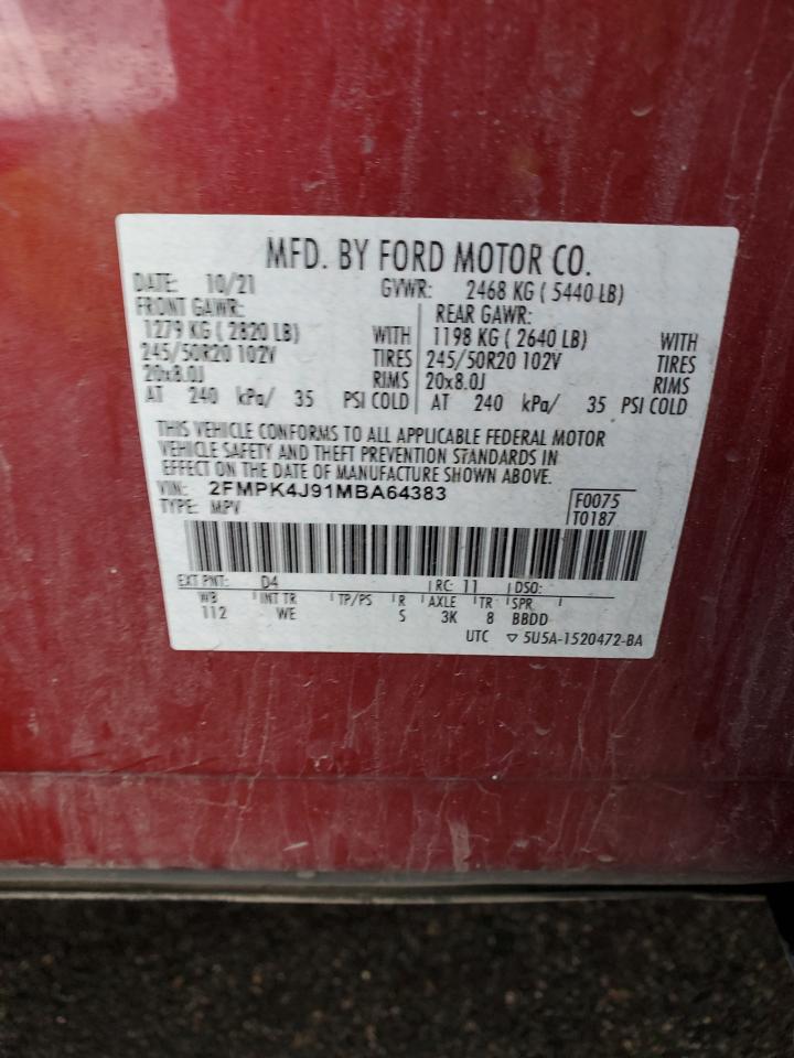 2021 Ford Edge VIN 2FMPK4J91MBA64383 Copart auction photo, front end damage thumbnail 13