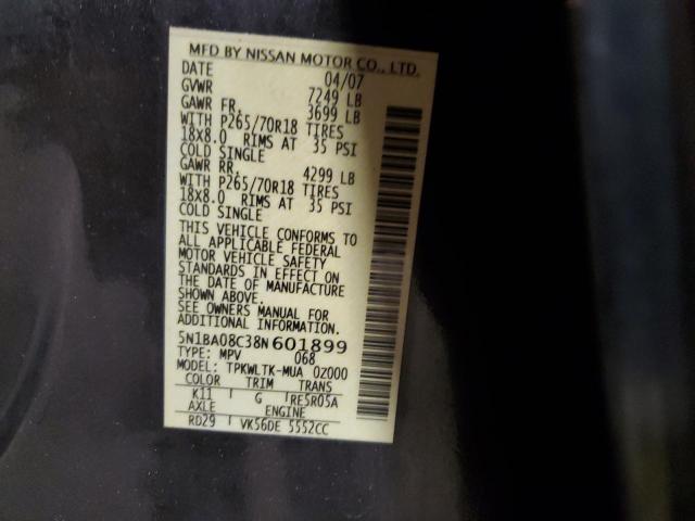 2008 Nissan Armada VIN 5N1BA08C38N601899 Copart auction photo, front end / minor dent/scratches damage thumbnail 13
