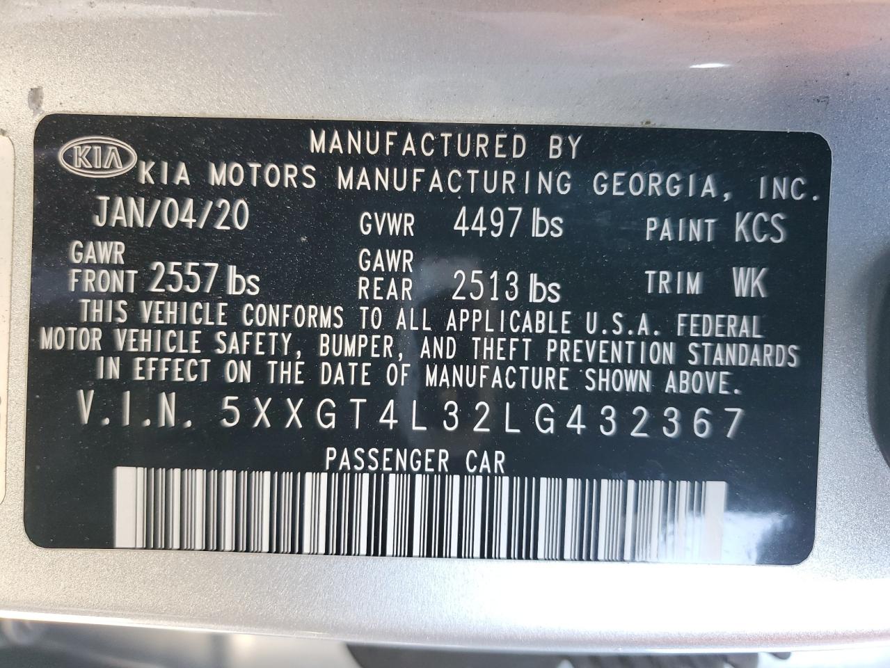 2020 KIA Optima VIN 5XXGT4L32LG432367 Copart auction photo, vandalism / minor dent/scratches damage thumbnail 12