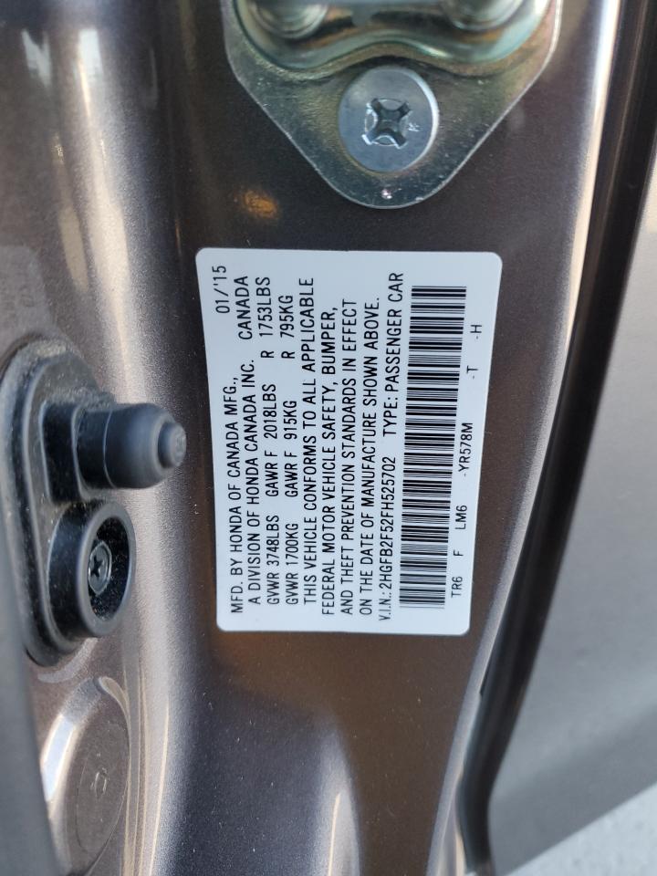 2015 Honda Civic VIN 2HGFB2F52FH525702 Copart auction photo, front end damage thumbnail 14