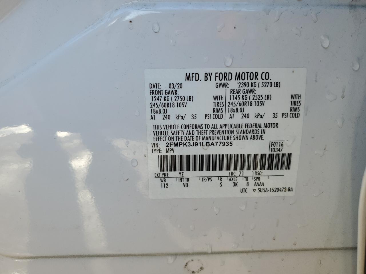 2020 Ford Edge VIN 2FMPK3J91LBA77935 Copart auction photo, front end / hail damage thumbnail 14