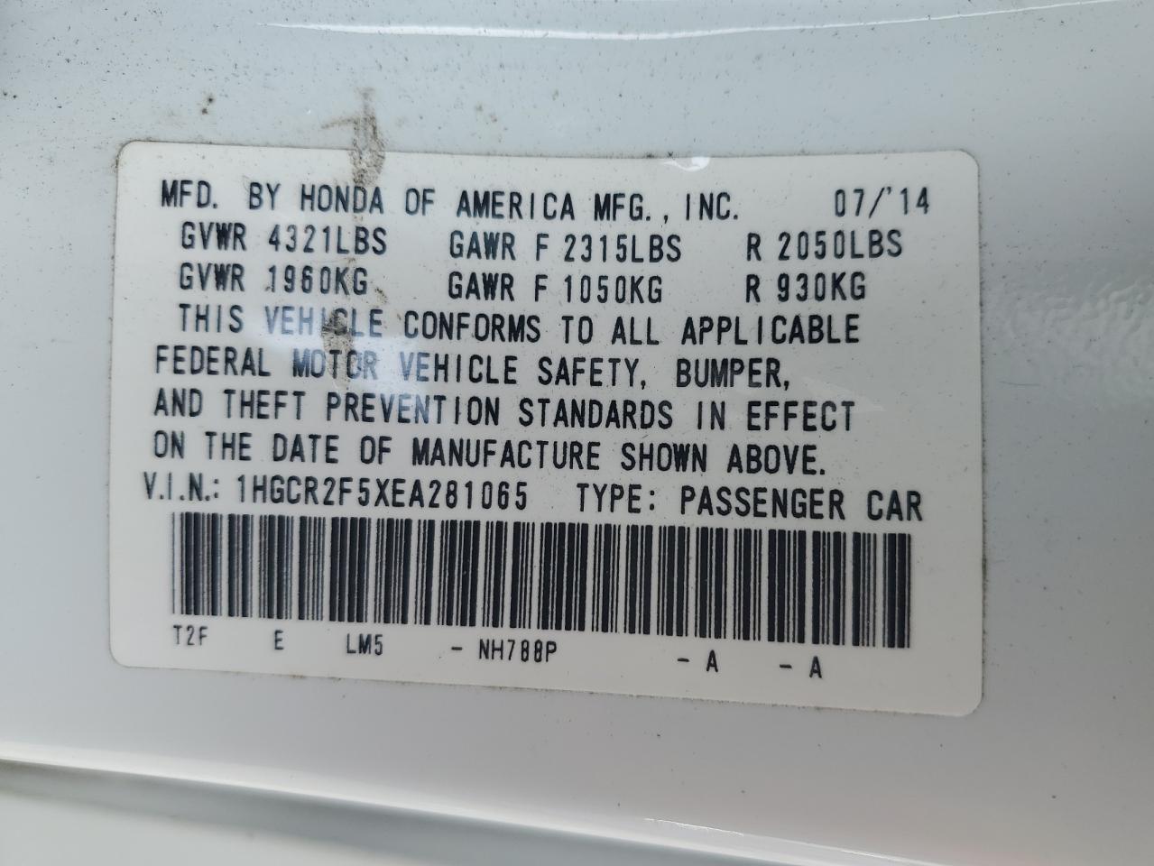 2014 Honda Accord VIN 1HGCR2F5XEA281065 Copart auction photo, front end / rear end damage thumbnail 15