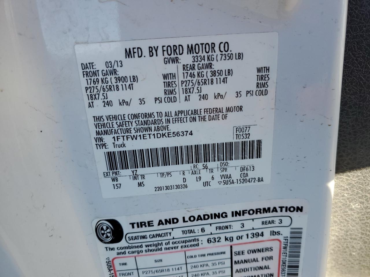 2013 Ford F-150 VIN 1FTFW1ET1DKE56374 Copart auction photo, front end / undercarriage damage thumbnail 12