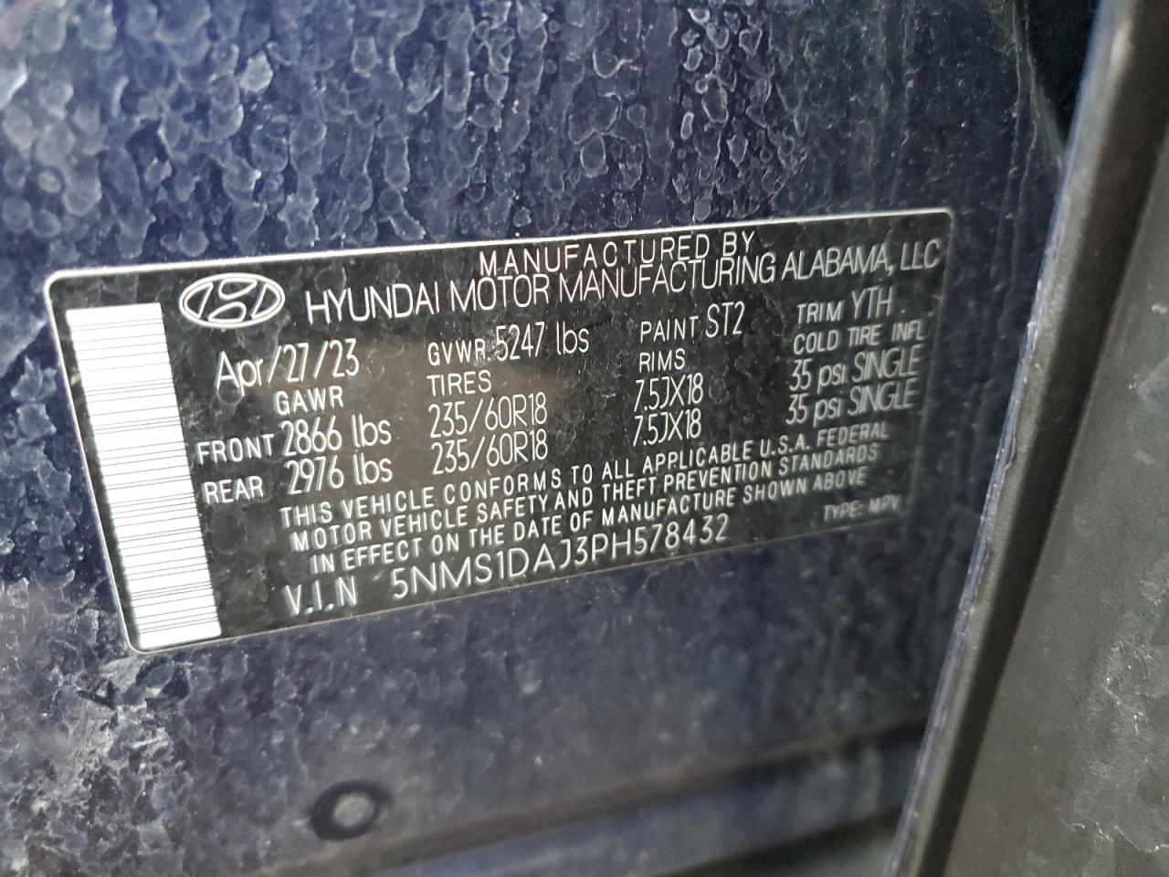 2023 Hyundai Santa Fe VIN 5NMS1DAJ3PH578432 Copart auction photo, side / front end damage thumbnail 13