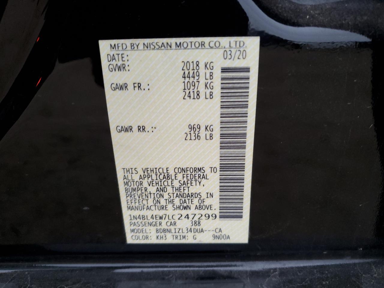 2020 Nissan Altima VIN 1N4BL4EW7LC247299 Copart auction photo, front end / undercarriage damage thumbnail 14