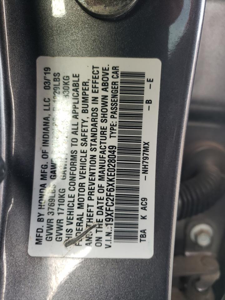 2019 Honda Civic VIN 19XFC2F6XKE028049 Copart auction photo, front end / side damage thumbnail 14