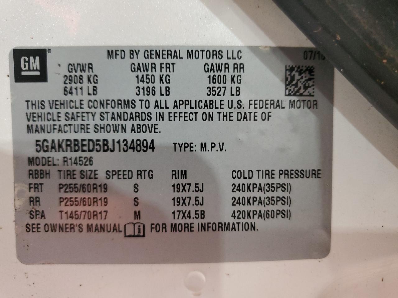 2011 Buick Enclave VIN 5GAKRBED5BJ134894 Copart auction photo, top/roof / front end damage thumbnail 13