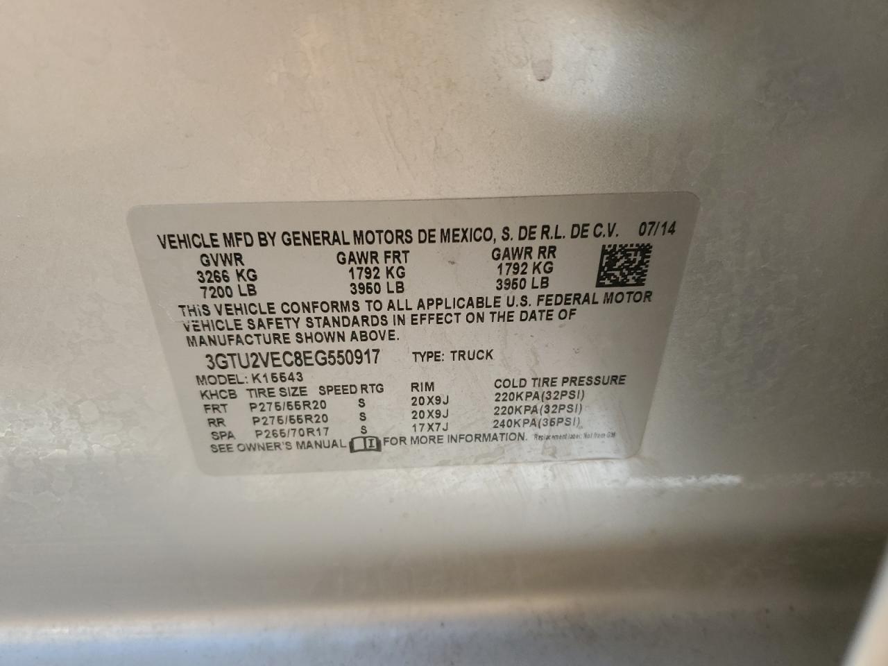 2014 GMC Sierra VIN 3GTU2VEC8EG550917 Copart auction photo, front end damage thumbnail 12