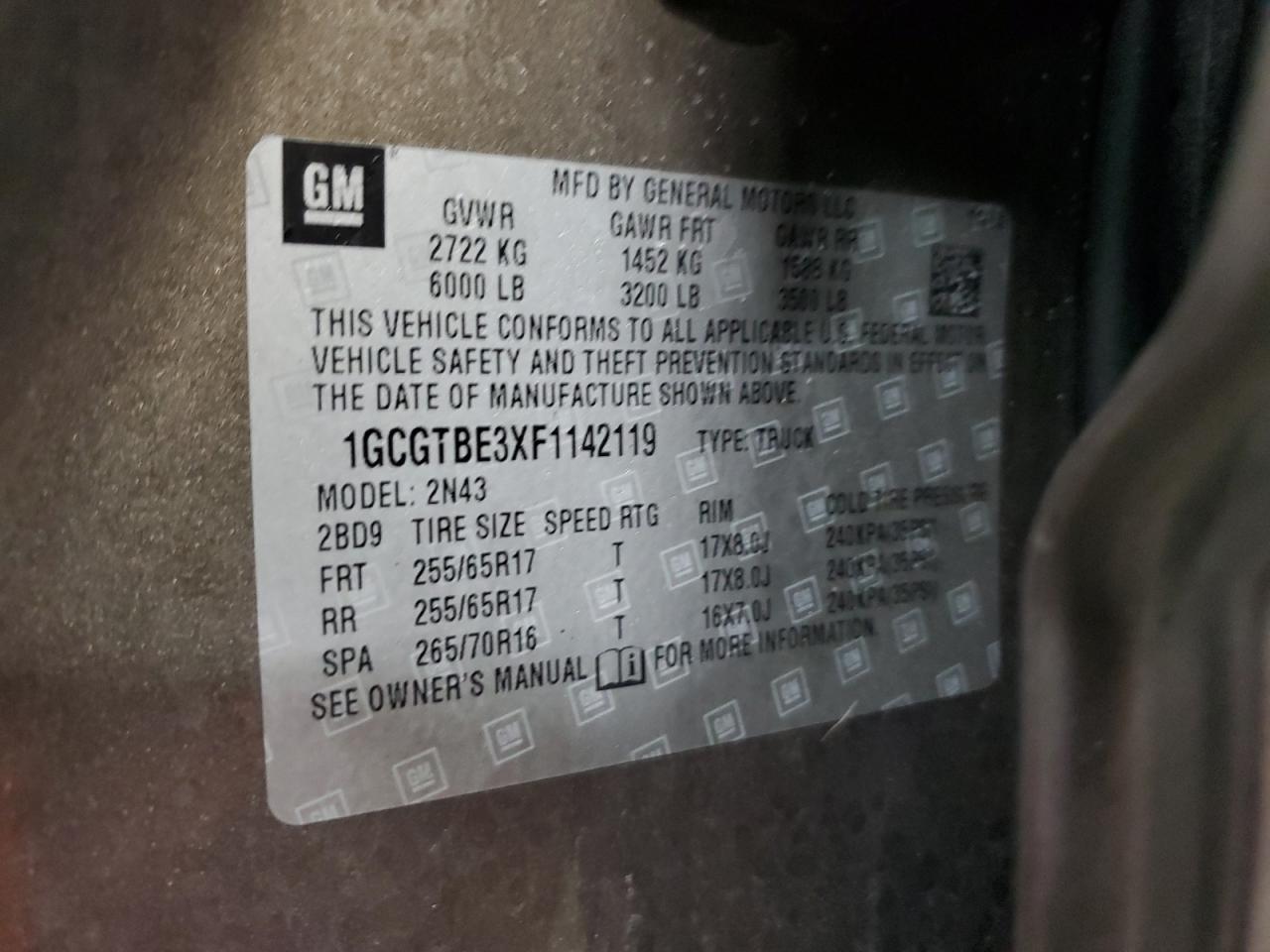 2015 Chevrolet Colorado VIN 1GCGTBE3XF1142119 Copart auction photo, front end damage thumbnail 13
