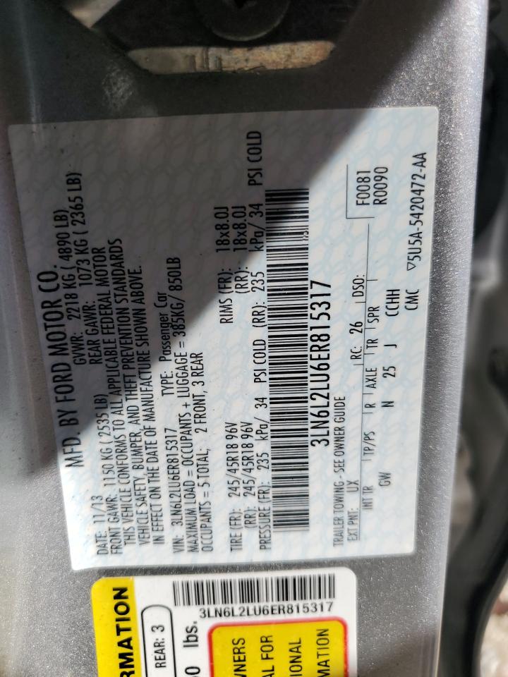 2014 Lincoln MKZ VIN 3LN6L2LU6ER815317 Copart auction photo, all over damage thumbnail 15