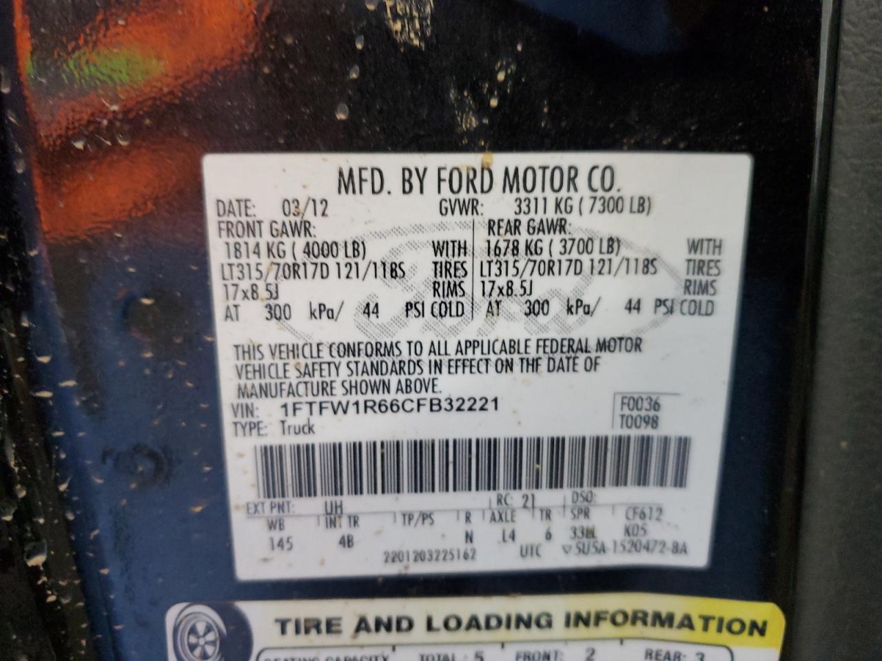 2012 Ford F-150 VIN 1FTFW1R66CFB32221 Copart auction photo, rollover / undercarriage damage thumbnail 13