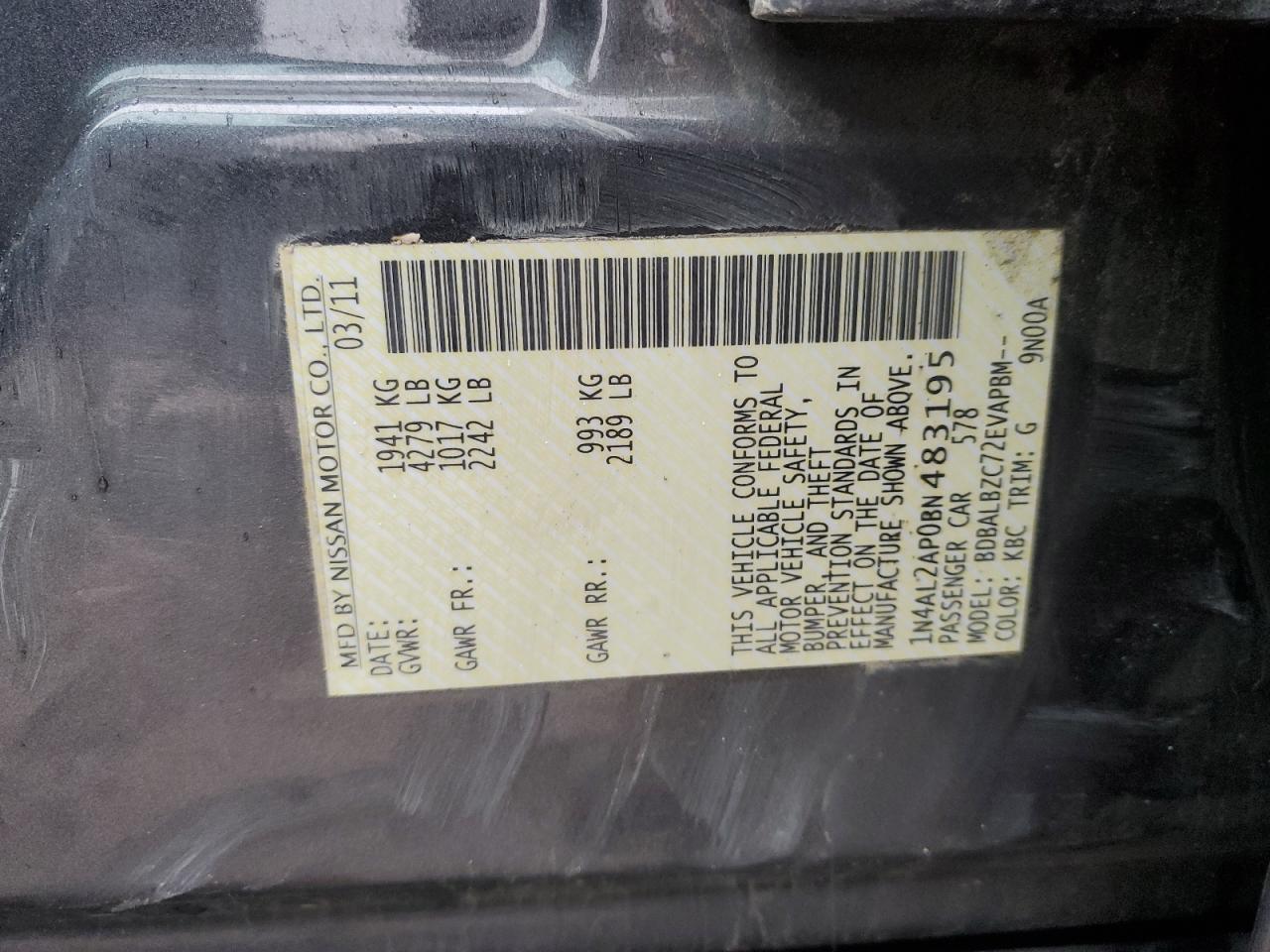 2011 Nissan Altima VIN 1N4AL2AP0BN483195 Copart auction photo, front end damage thumbnail 12