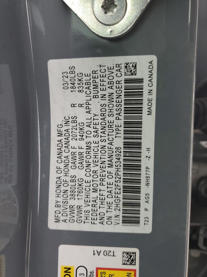 2023 Honda Civic VIN 2HGFE2F52PH534926 Copart auction photo, front end / side damage thumbnail 14