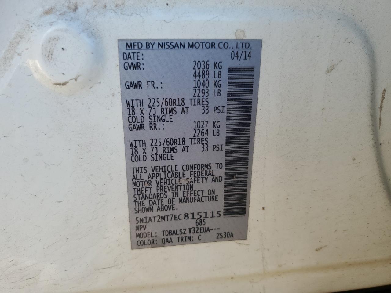 2014 Nissan Rogue VIN 5N1AT2MT7EC815115 Copart auction photo, all over / minor dent/scratches damage thumbnail 14