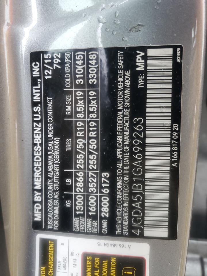 2016 Mercedes-Benz GLE VIN 4JGDA5JB1GA699263 Copart auction photo, side damage thumbnail 13