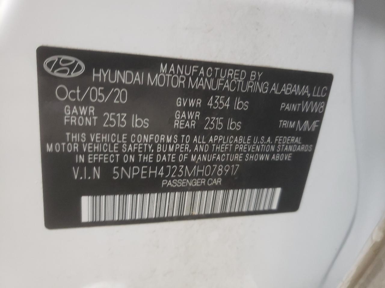 2021 Hyundai Sonata VIN 5NPEH4J23MH078917 Copart auction photo, side damage thumbnail 12