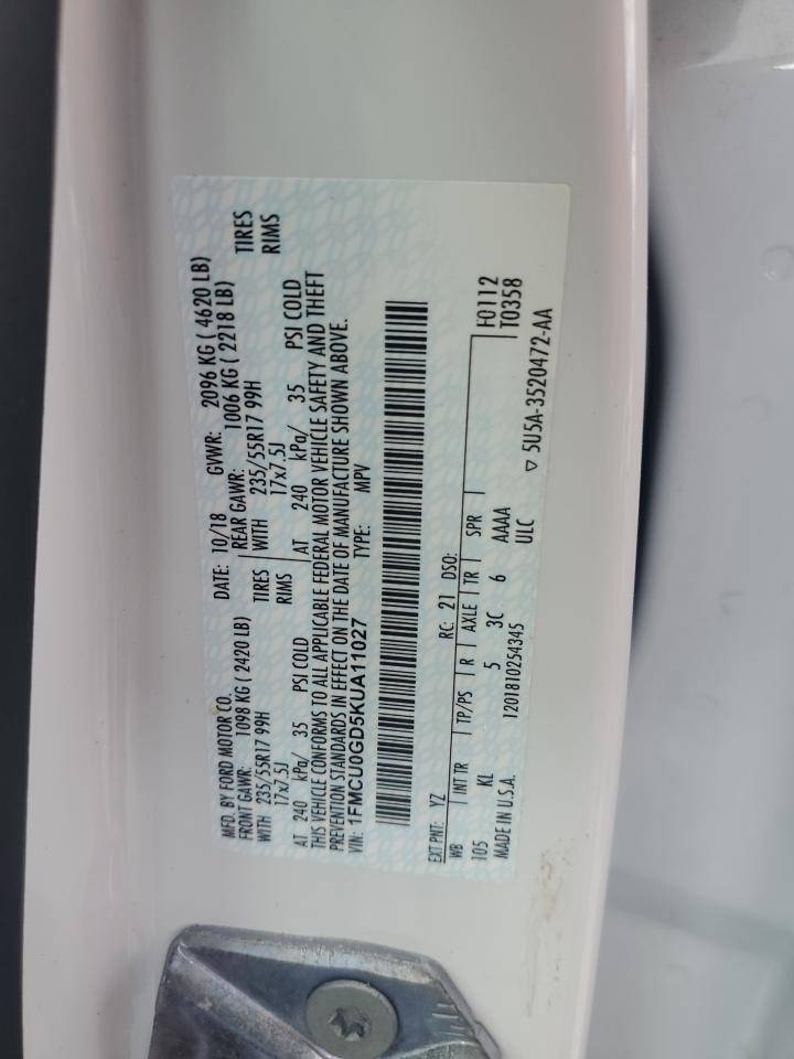 2019 Ford Escape VIN 1FMCU0GD5KUA11027 Copart auction photo, front end / mechanical damage thumbnail 14