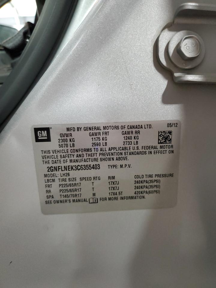 2012 Chevrolet Equinox VIN 2GNFLNEK3C6355403 Copart auction photo, front end damage thumbnail 14