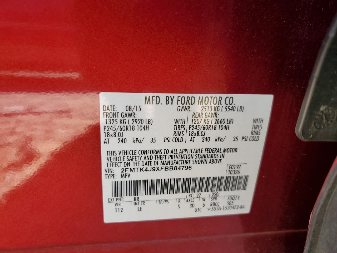 2015 Ford Edge VIN 2FMTK4J9XFBB84796 Copart auction photo, rear end / undercarriage damage thumbnail 14