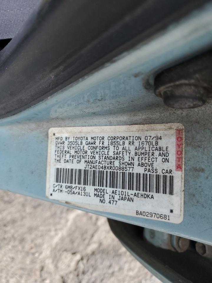 1994 Toyota Corolla VIN JT2AE04BXR0088577 Copart auction photo, rear end damage thumbnail 14