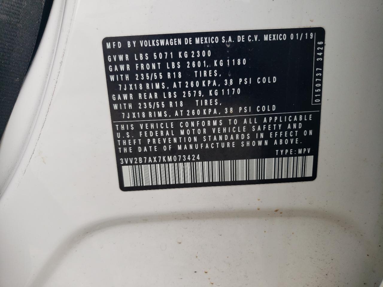 2019 Volkswagen Tiguan VIN 3VV2B7AX7KM073424 Copart auction photo, all over / mechanical damage thumbnail 13