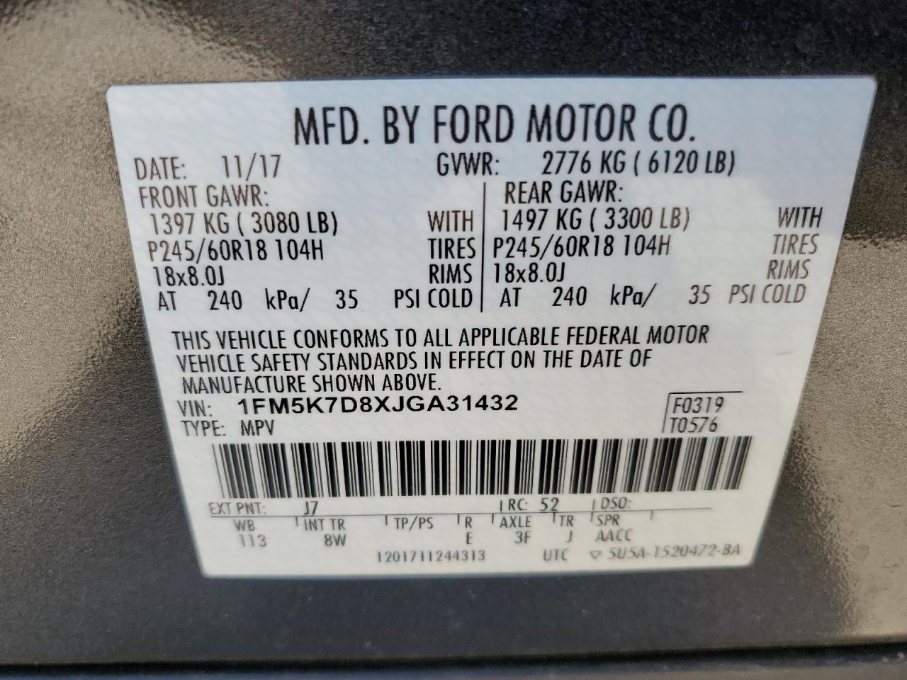 2018 Ford Explorer VIN 1FM5K7D8XJGA31432 Copart auction photo, all over damage thumbnail 13